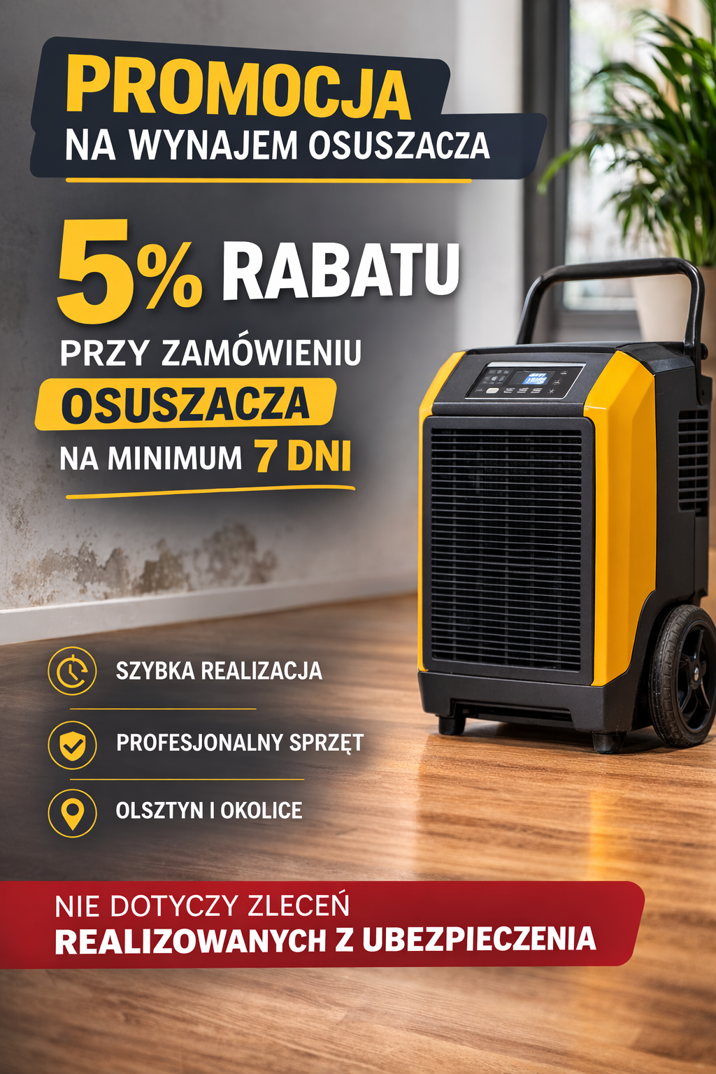 💧 Wynajem osuszacza w Olsztynie – promocja 5% rabatu przy wynajmie na 7 dni